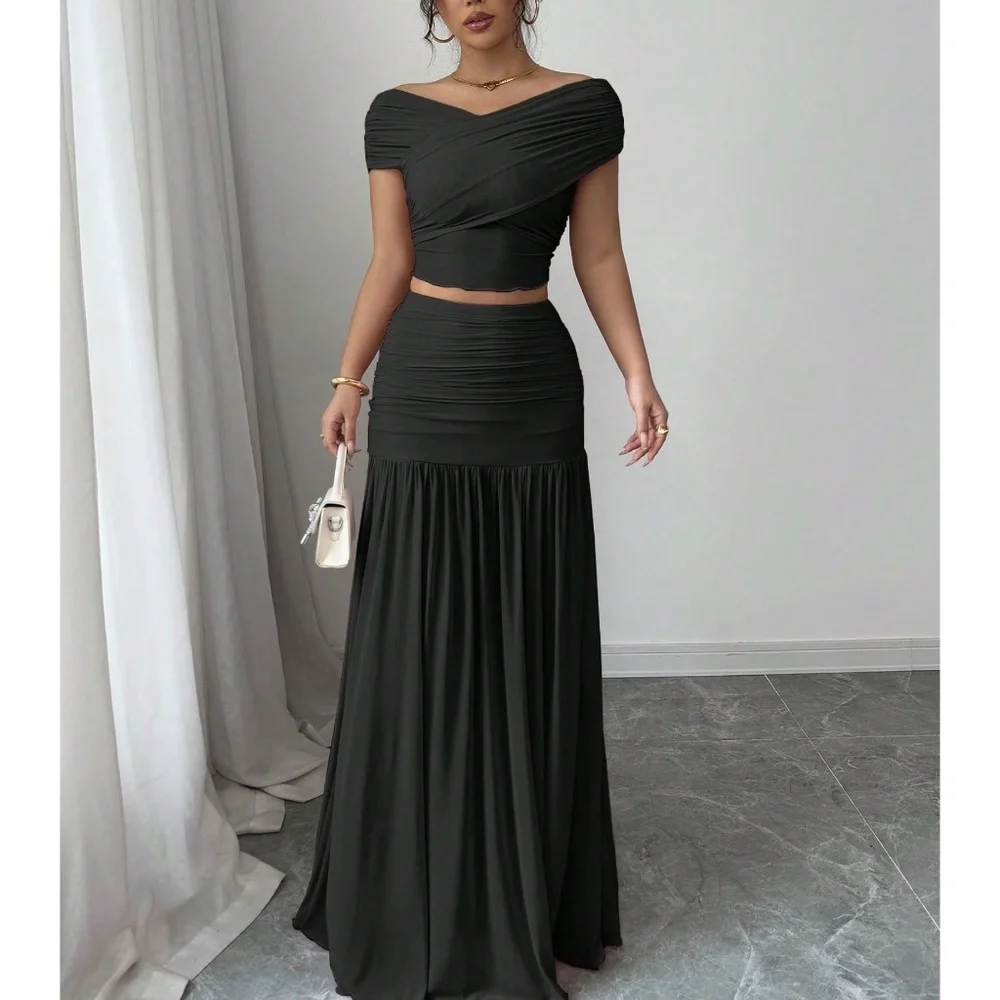 Solid Black Fitted Crop Top Maxi Skirt set
